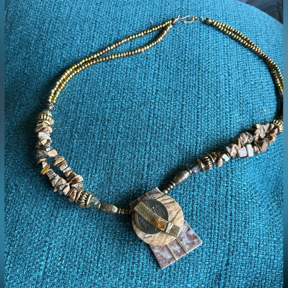 Carole Kent Beaded Necklace Chinese Coin on Tile Signed by artist